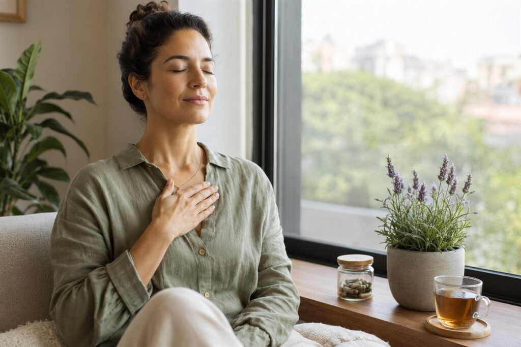 אישה מתרגלת נשימה רגועה ליד החלון לצד כדור טבעי לחרדות וצמח לבנדר