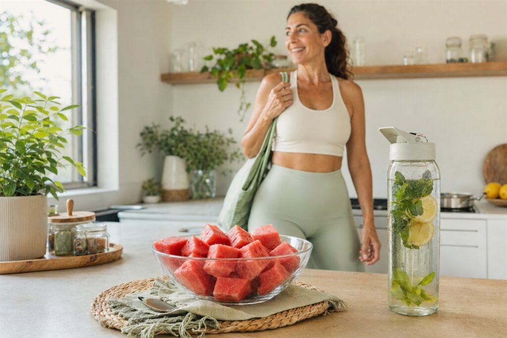 קערת אבטיח ובקבוק מים עם נענע ולימון – טיפים לירידה מהירה במשקל בקיץ